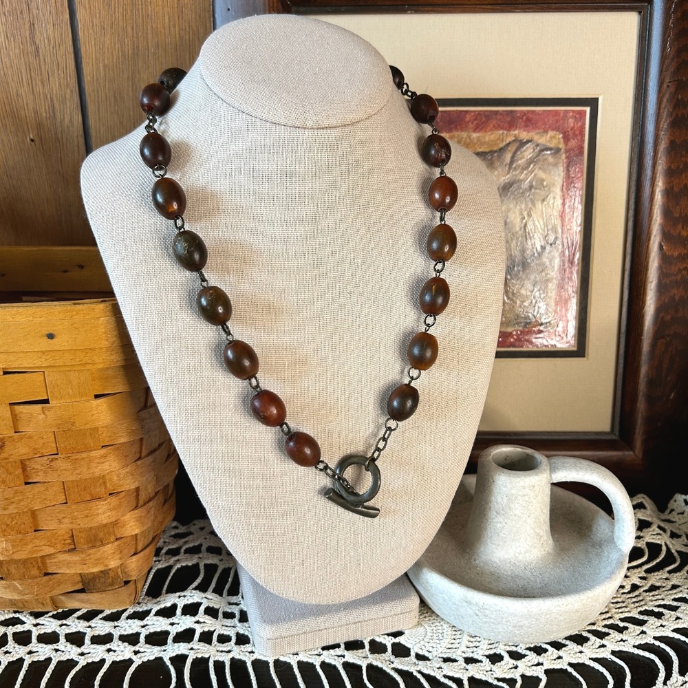 Boho Wood Bead Necklace Toggle Clasp Statement Chain Earth Tone Jewelry